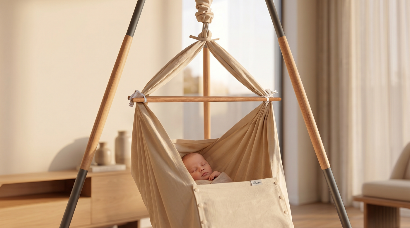 Baby in der Federwiege Beige ,Anthrazit Tipi Gestell,  Geborgen, Front Ansicht, Swollie