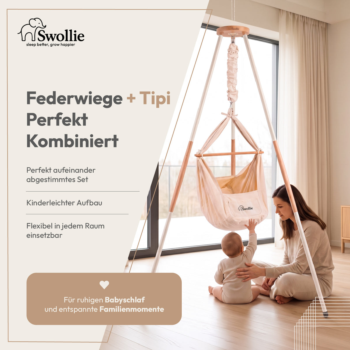Swollie Federwiege mit Tipi-Gestell
