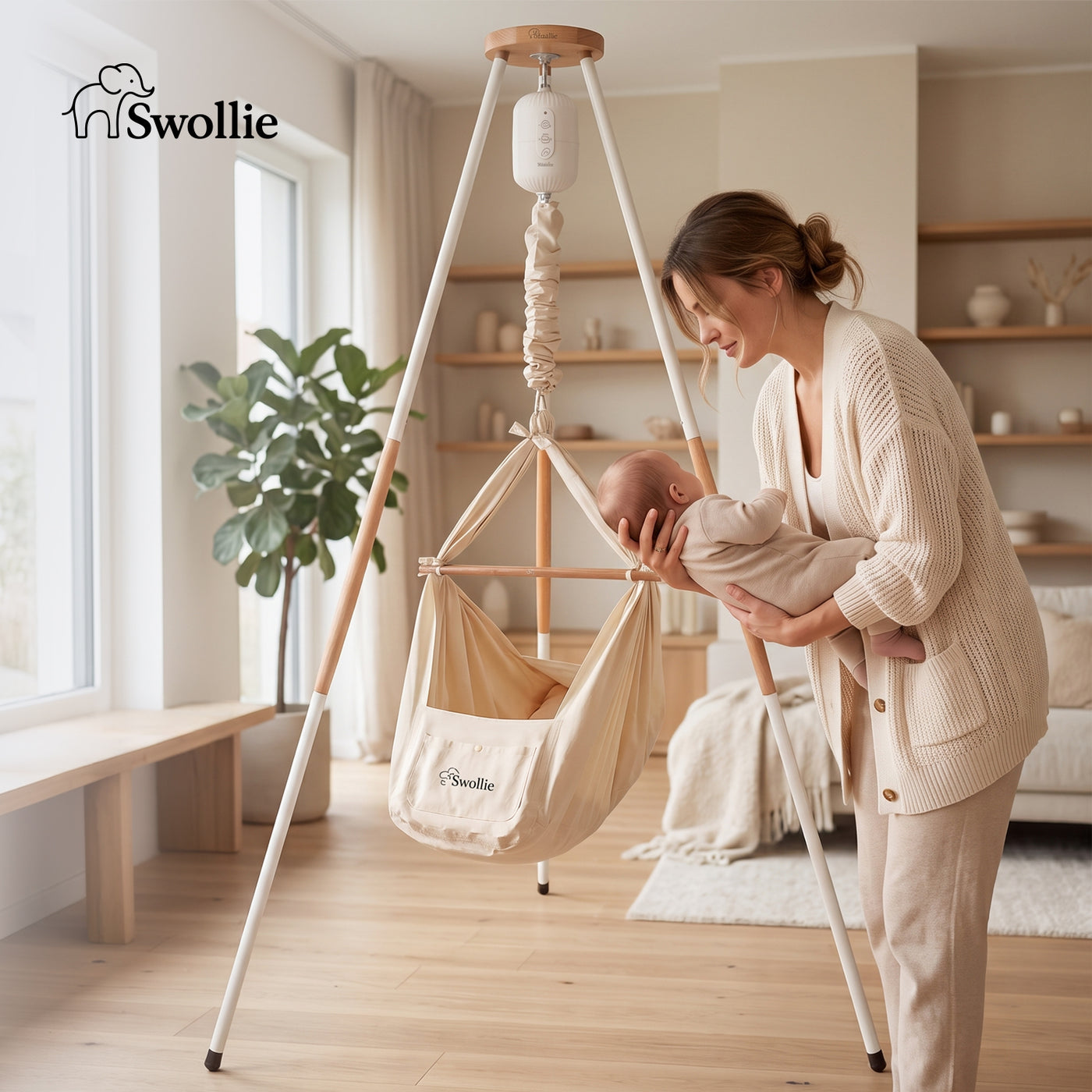 Elektrische Federwiege mit Tipi-Gestell und Motor Preloved | Swollie